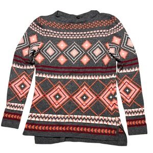 Talbots Womens Small Gray Fair Isle Southwest Aztec Knit Sweater Lambswool Blend